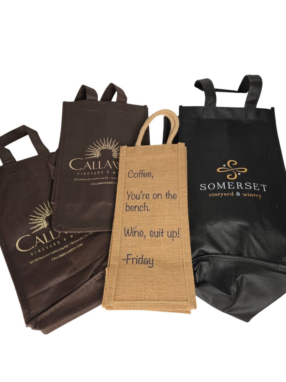 Reusable Wine Gift Bags Lot of 4 Callaway/Somerset/Burlap & Multi‑Bottle Holders